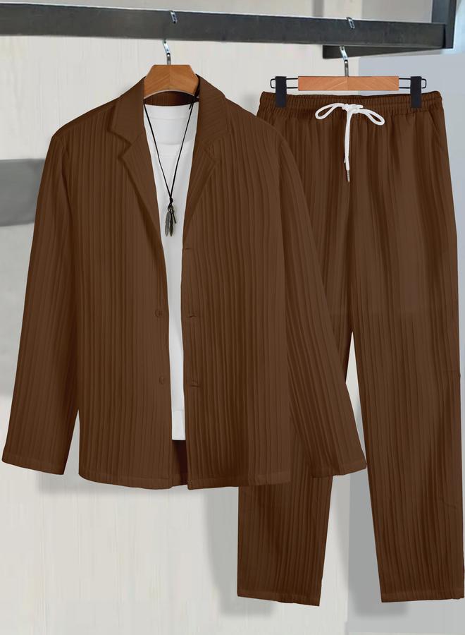 Take Two Men Brown Textured Blazer and Trousers Co-Ords - Image 1